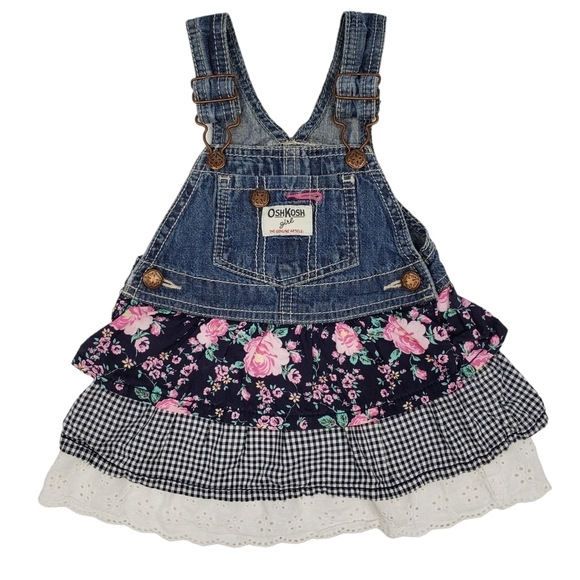 OshKosh B'GoshDark Wash Denim Ruffle Floral Fabric Overall Dress Baby 18M